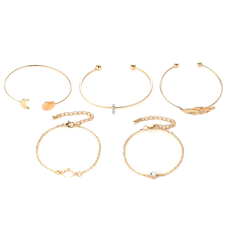 Boho Moon Leaf Crystal Bracelet Set