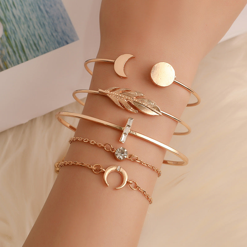 Boho Moon Leaf Crystal Bracelet Set